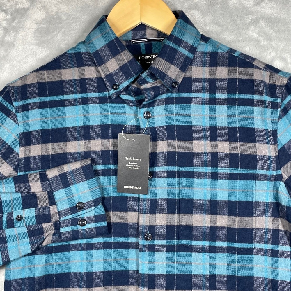 Nordstrom Tech-Smart Trim Fit Plaid Flannel Shirt Mens S Blue Grey Stretch